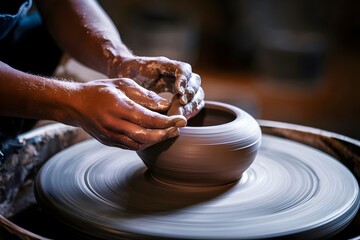 Mastering the Art Pottery Craftsman Skillfully Shapes Clay on the Wheel