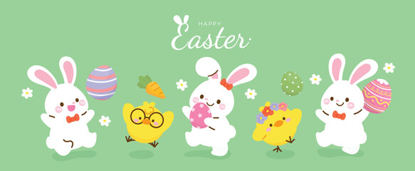 Happy Easter day background vector. Cute wallpaper of lovely white rabbit, easter eggs, bunny, flower, carrot, yellow chick. Spring holiday illustration for banner, greeting card, social media.