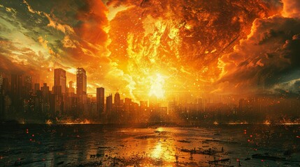 A city is shown in the background with a large orange explosion in the foreground. The explosion is surrounded by a lot of fire and smoke, creating a sense of chaos and destruction - obrazy, fototapety, plakaty