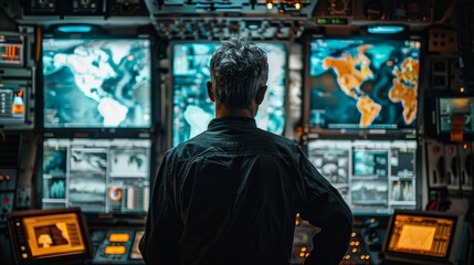 A man is looking at a computer monitor with a map of the world on it. He is wearing a black shirt and he is focused on the screen