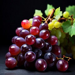 Fototapeta premium A beautiful bunch of dark grapes, against a dark background. A valuable medicinal delicacy, rich in vitamins.