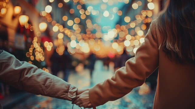 Attractive Modern Couple Holding Hands Christmas Shopping. Christmas Out Of Focus Background.