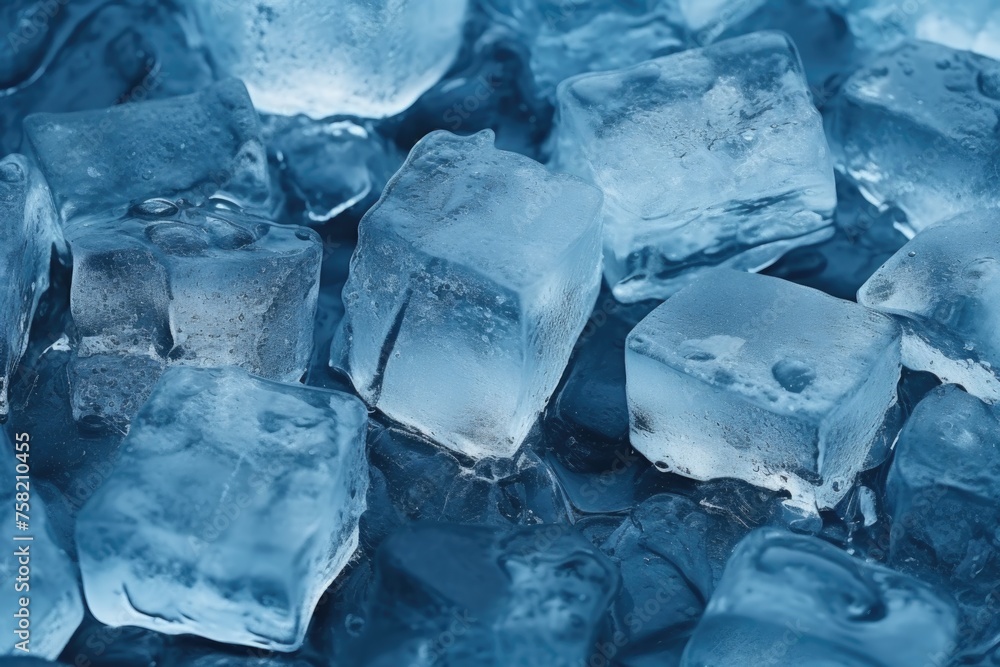Poster a pile of ice cubes on a table, perfect for summer refreshment concepts