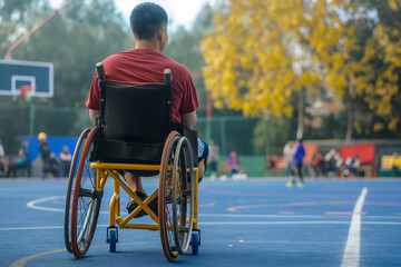 Obraz premium Rear view of male person wheelchair user on basketball court. Individuals with disabilities and sport activities.