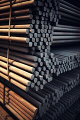 A stack of steel bars ready for use in construction projects. Suitable for industrial concepts