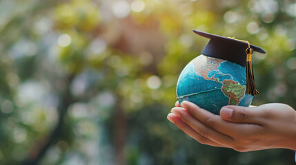 Hand holding a small globe with a graduation cap on top