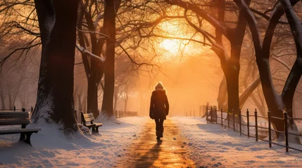 Foto op Plexiglas Beautiful winter landscape with a woman walking in the park at sunset © Ali