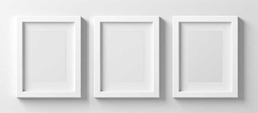 Three white picture frames, in the shape of rectangles, are hanging on a white wall. The symmetry and pattern create a sleek look, while the transparency of the glass adds depth to the display