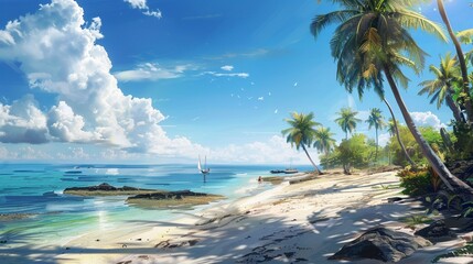 Background and illustration of summer and vacations at the beach. People having fun and sunbathing on the beach. Palm trees, sea and good weather. - obrazy, fototapety, plakaty