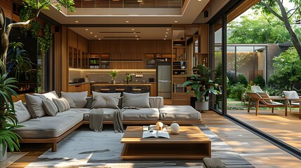 A modern living room with a view of nature is decorated with wood elements - obrazy, fototapety, plakaty