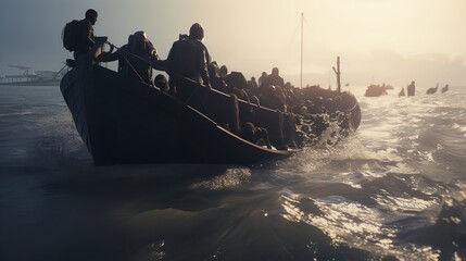 Migrants disembarking in water from an old ship.

 - obrazy, fototapety, plakaty