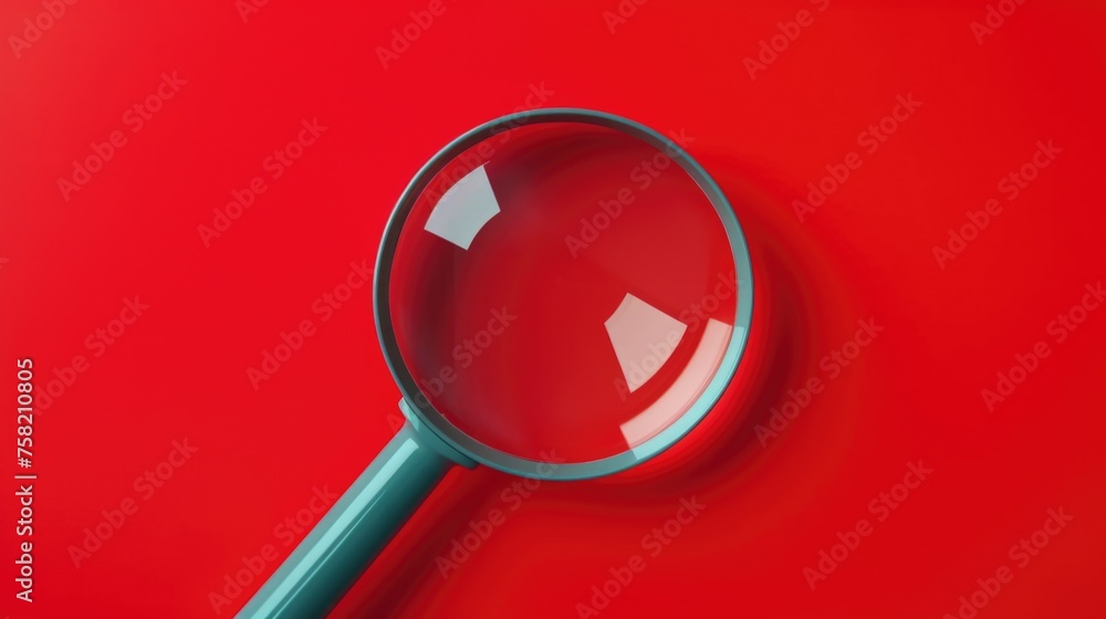 Poster a magnifying glass placed on a red surface, suitable for various concepts