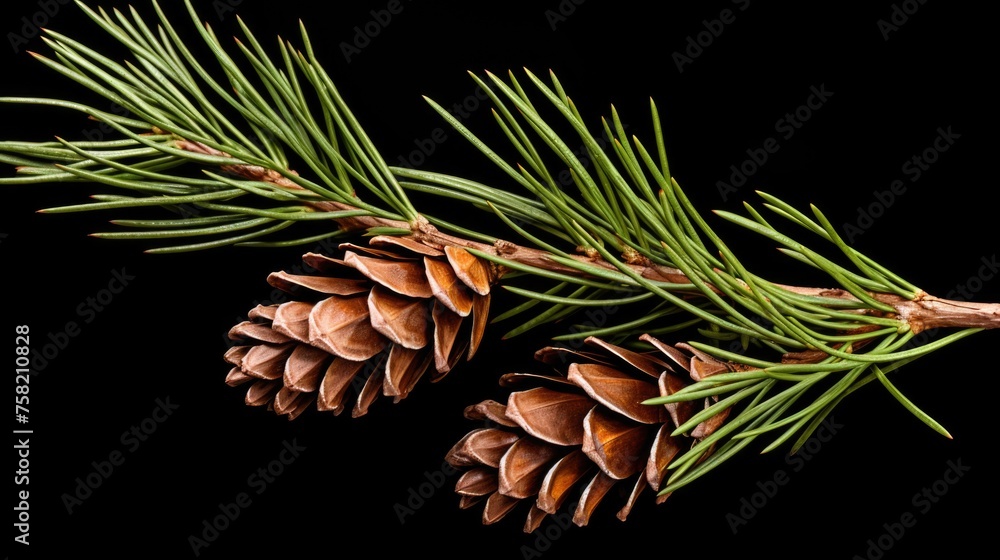 Poster close-up view of two pine cones on a branch of a pine tree. perfect for nature-themed designs