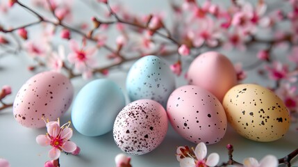 Easter colored eggs on wooden background with spring flowers. easter background.