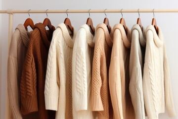 A rack of sweaters hanging on a clothes rack. Ideal for showcasing winter fashion