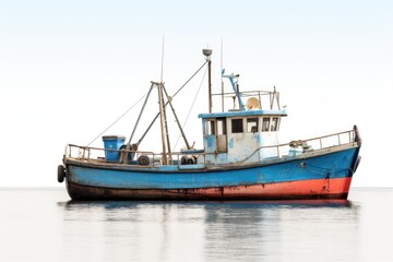 Obraz premium A blue and red boat floating on calm water. Perfect for travel or transportation concepts