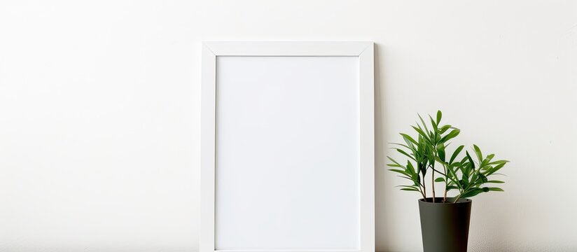 A rectangle picture frame hangs on a wall next to a houseplant in a flowerpot. The wooden fixture contrasts the terrestrial plant, adding life to the room beside a window and door