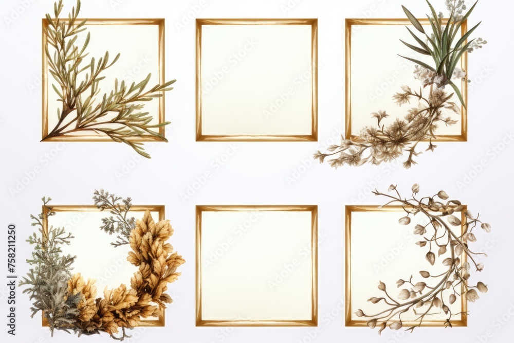 Poster Collection of four decorative frames with botanical elements. Ideal for adding a touch of nature to any design project