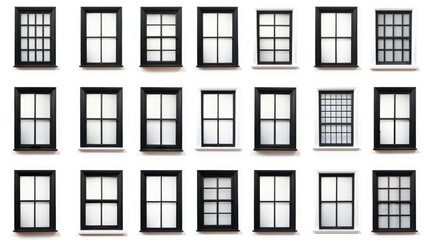 Obraz premium A series of black and white windows on a white wall. Suitable for architectural design projects