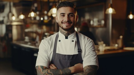 A man with tattoos standing in a kitchen. Ideal for lifestyle and cooking concepts