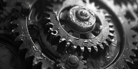 Black and white photo of a clock with gears, suitable for industrial concepts
