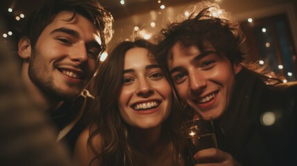 Group of friends taking selfie at a lively party. Perfect for social media posts