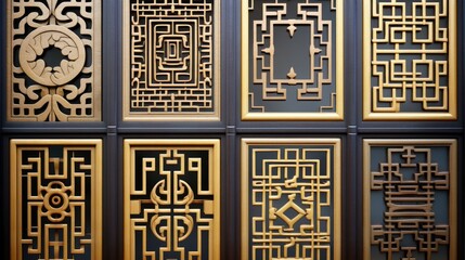 Detailed carved wood panels on a wall. Perfect for interior design projects