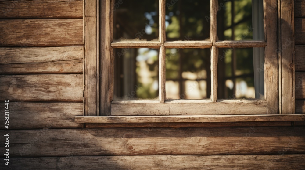 Aufkleber A window on a wooden building with a tree in the background. Suitable for architectural and nature themes