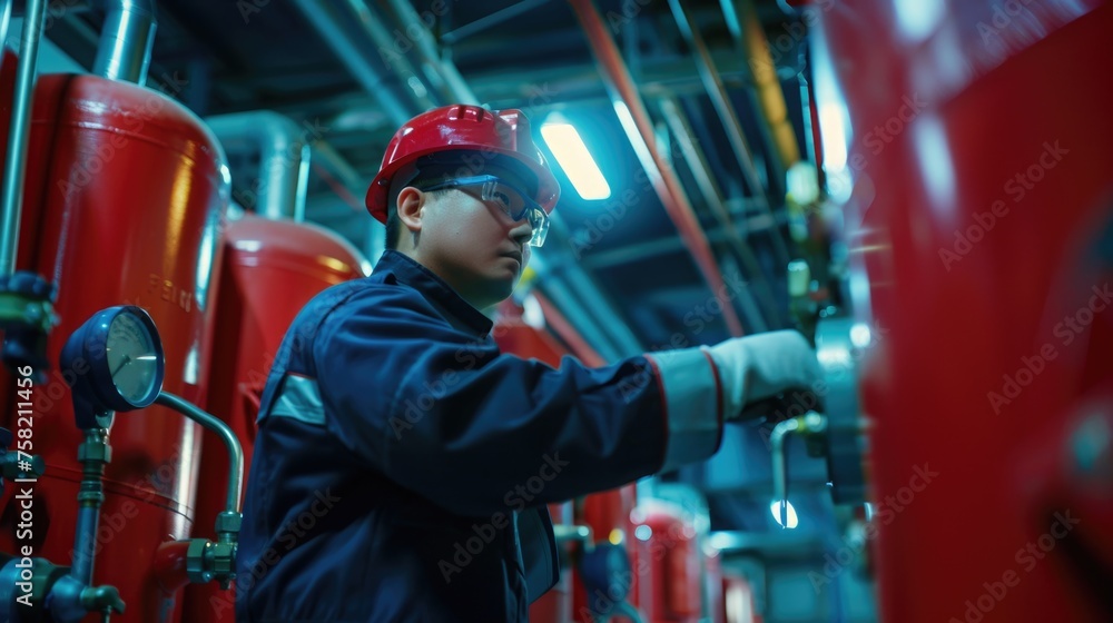 Aufkleber a man in a hard hat and glasses working on a machine. suitable for industrial concepts