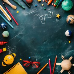 Seize the Moment Space-Themed School Supplies Scattered on a Chalkboard Backdrop for Back to School