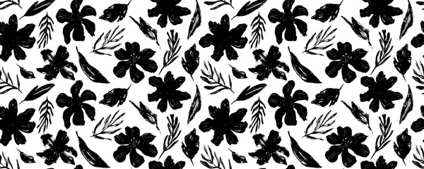 Seamless pattern modern abstract flowers chamomile.  Hand drawn vector botanical background.  Black  ink illustration with floral motif.
