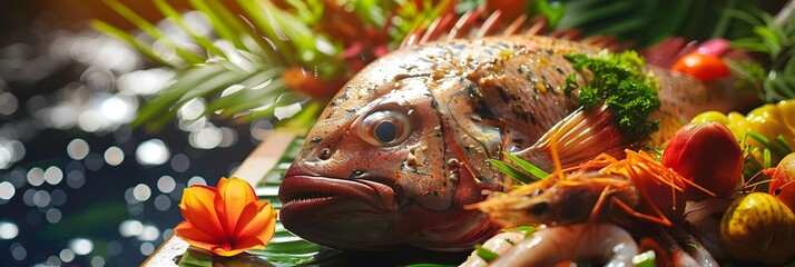 Sulawesis Seafood Sensation Vibrant Sushi Head with Exotic Tropical Decoration