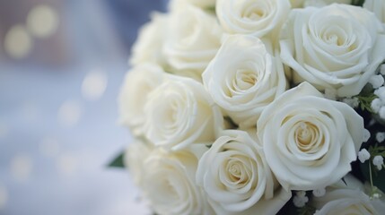 Close up of a beautiful bouquet of white roses, perfect for wedding or special occasions