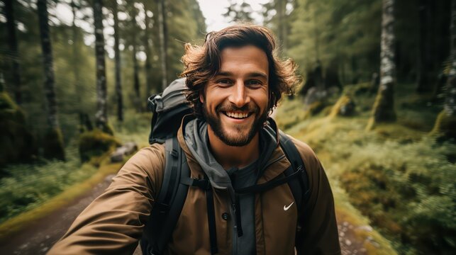 Handsome young man is hiking in the forest and smiling.