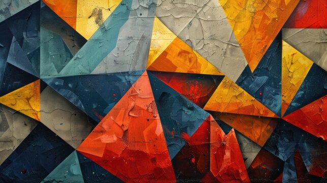 A painting of a colorful geometric design on a wall.