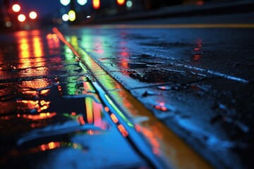 A wet street at night with traffic lights. Perfect for urban and cityscape concepts
