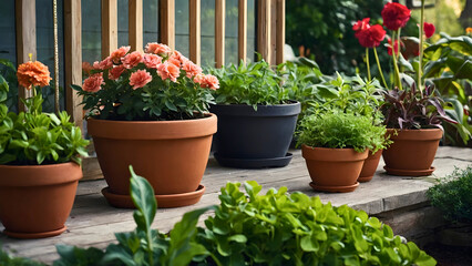 Fototapeta na wymiar Three pots with flowers, with flowers of various sizes and sizes with a nice smell.