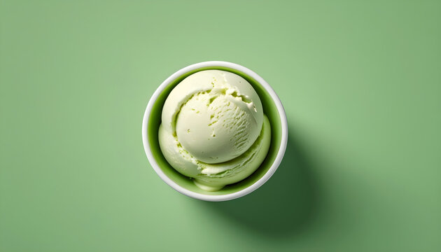 One rounded scoop pista ice cream white bowl, top view on green background, photorealistic no cone