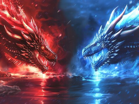 Red dragon versus blue ice and fire dragon, epic battle, fantasy art style, hyper realistic, cinematic, red vs blue dragons, in the style of symmetrical
