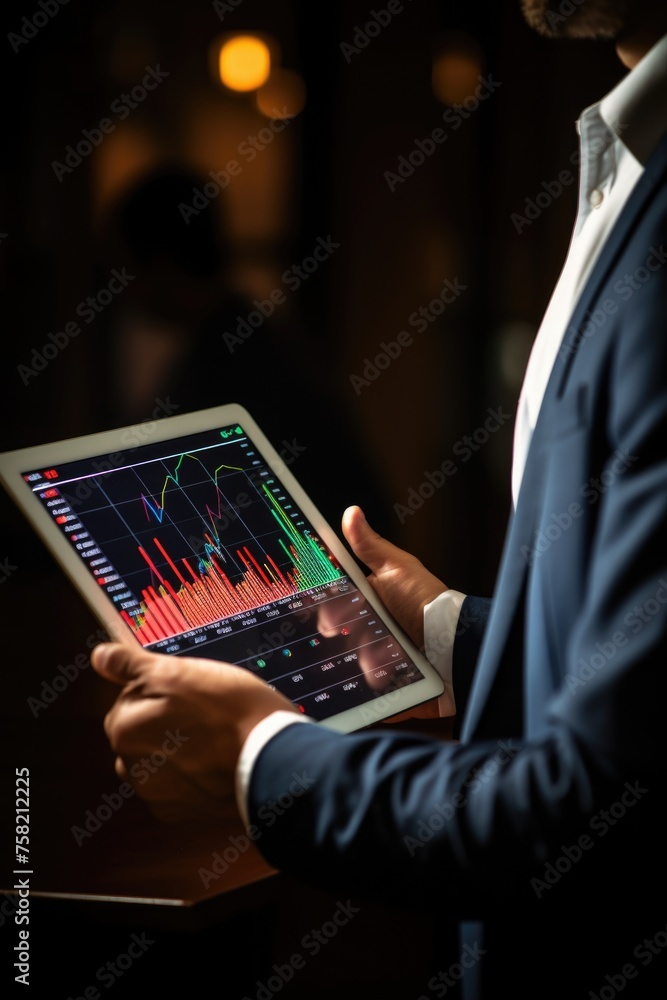 Poster a man in a suit holding a tablet computer. suitable for business concepts