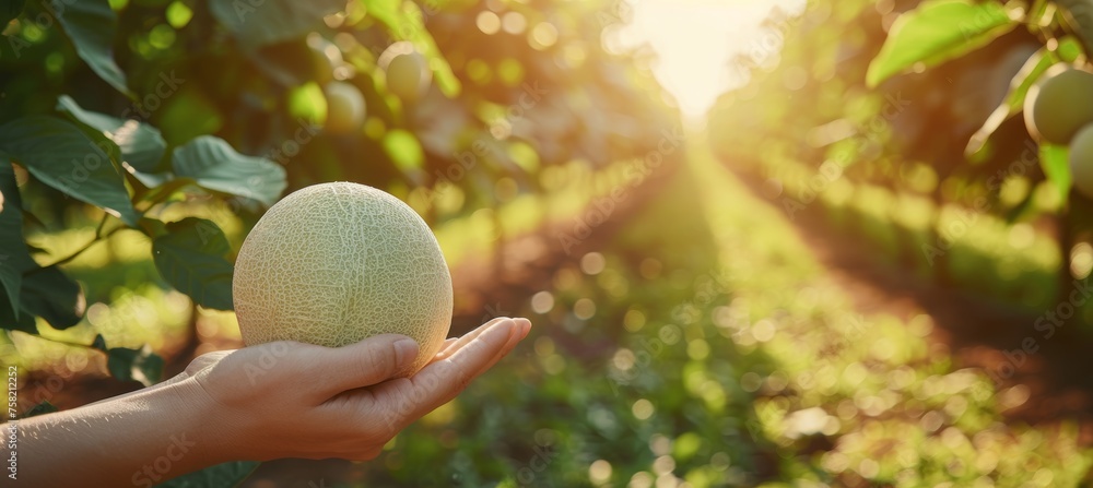 Poster hand holding honeydew melon on blurred background with copy space for text placement