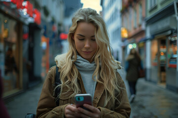 a woman walking and looking at smartphone