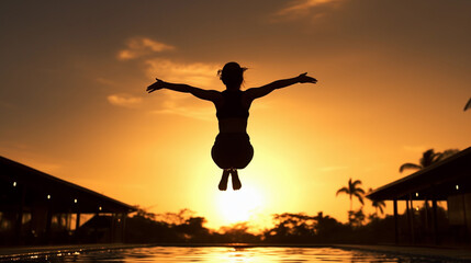 Silhouette female athletic somersault in swimming pool - obrazy, fototapety, plakaty