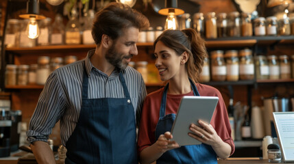 man and a woman, both wearing aprons and engaged in a discussion with a tablet and a smartphone in their hands