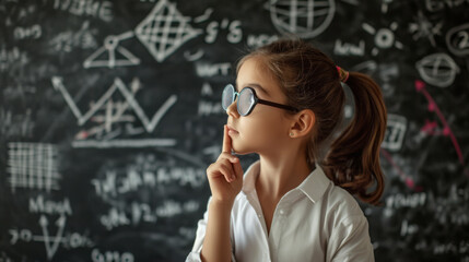 thoughtful young student standing in front of a blackboard filled with complex scientific formulas