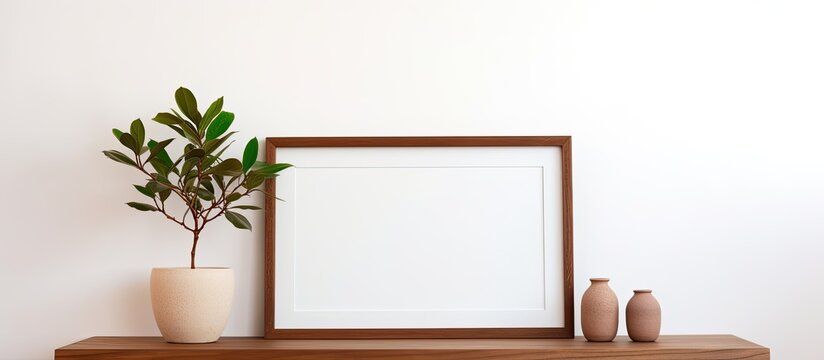 A rectangular picture frame is displayed on a wooden shelf alongside a houseplant in a flowerpot and vases. The fixture complements the treethemed event decor