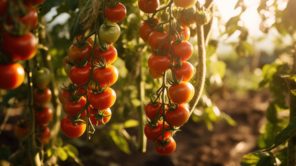 Tomatoes Grown Organically on Sunny Farm Bushes - obrazy, fototapety, plakaty