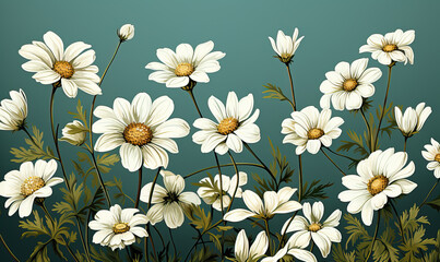 Drawn daisies on a green background, close-up.