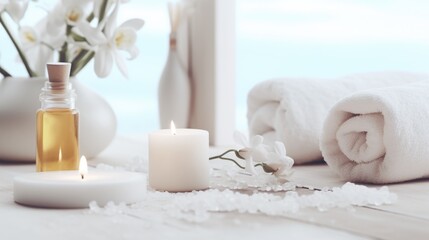 A candle and white towels on a table. Suitable for spa or relaxation concepts