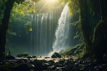 A serene waterfall in a lush green forest. Perfect for nature lovers and travel enthusiasts